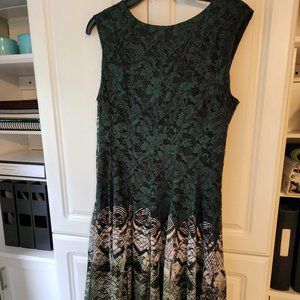 Cocktail dress, green and beige lace over a black shell